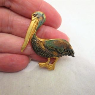 Vintage Textured Goldtone Green Yellow Enamel Pelican Bird Brooch