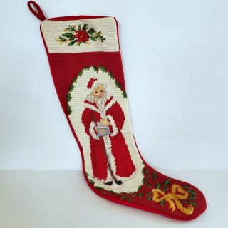 Vintage Completed Wool Needlepoint Christmas Stocking Santa 21 " Velvet Backing