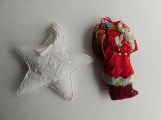Vintage Needlepoint Santa Claus & Star Christmas Ornament 5 " & 6 "
