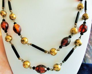 Vintage Black Glass Brass And Brown Lucite Bead Necklace 54 "