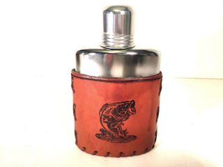Vintage Stainless Steel Hip Flask With Leather Covering Large Mouth Bass 7 Oz