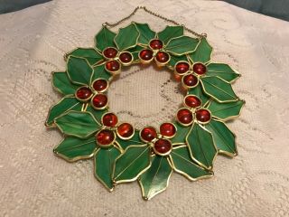 Vintage Stained Glass Wreath - Christmas Holly 10”