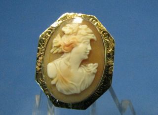 Vintage Carved Shell Cameo Brooch Pin 10k Yellow Gold High Relief Bacchus