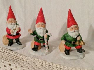 Vintage Set Of 3 Christmas Gnomes Elves By Lefton Holiday Ceramic Taiwan