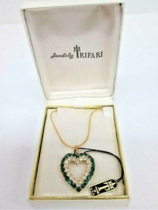 Vintage Signed Trifari Emerald Green & Clear Rhinestone Heart Pendant Necklace,
