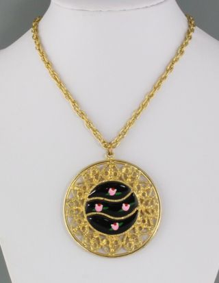 Vintage 60’s Goldtone Pink & Black Enamel Flower Pendant Necklace