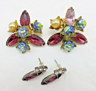 2 Pair Vintage Rhinestone Earrings Ab Purple Crystal Faux Pearl Clip On 42h