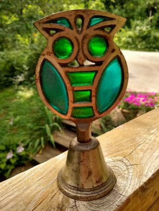 Vintage Green And Turquoise Stained Glass Metal Owl Bell,  Fransican Santa Cruz.