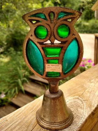 Vintage Green And Turquoise Stained Glass Metal Owl Bell,  Fransican Santa Cruz. 3