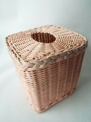 Vintage Pink Wicker Tissue Box Cover Holder Shabby Cottage Boho Mid Century