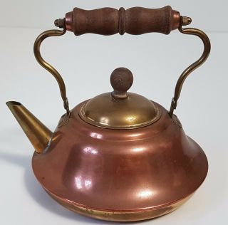Vintage Brass And Copper Kettle With Wooden Handle