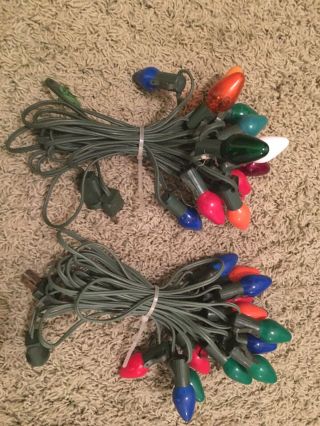 2 Vtg C - 7 Ge Christmas String Lights By Ge,  Metal Sockets,  15 Bulb Green Cord (2