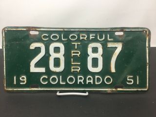 Colorado License Plate Vintage 1951 Trailer “colorful” 28trlr87