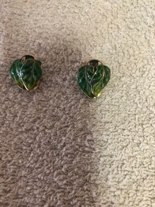 Vintage Old 800 Sterling Silver Filigree Green Enamel Leaf Clip On Earrings