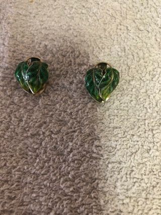 Vintage Old 800 Sterling Silver Filigree Green Enamel Leaf Clip On Earrings 2