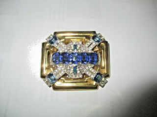 Mcclelland Barclay Art Deco Pin Brooch Blue Rhinestone Signed Vintage