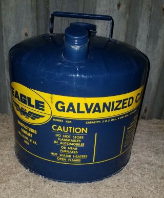 Vintage Eagle 5 Gallon Galvanized Metal Gas Gasoline Can Model 405 Usa Blue
