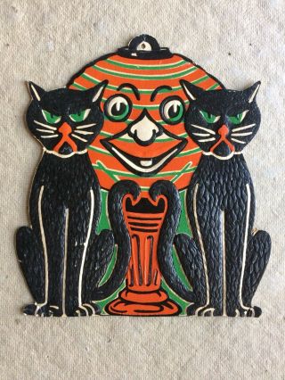 Vintage Die - Cut Wall Decoration Halloween Cats Striped Jack - O - Lantern 1938