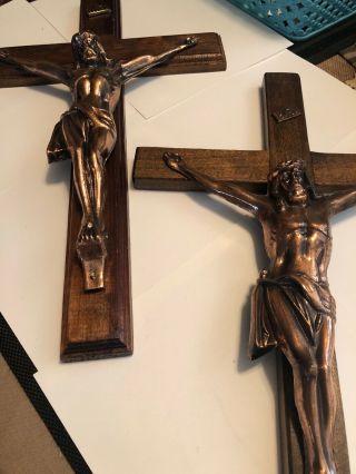 2 Vintage Wood & Copper Metal Crucifix Wall Hangings Large Religious