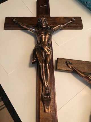 2 Vintage Wood & Copper Metal Crucifix Wall Hangings Large Religious 2