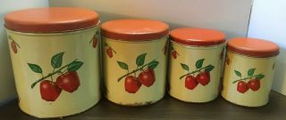 Vintage 1940s Decoware Tin Metal Canister Set Kitchen Decor Red Apple