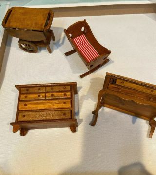Vintage Wooden Doll House Miniature Furniture Secretary Desk Crib Tea Cart Read