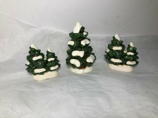 3 Vintage Snow Covered Christmas Pine Tree Lefton China Colonial Village 1987