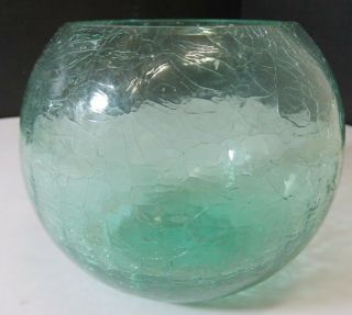 Vintage Mid Century Blenko Aqua Crackle Glass Round Ball Vase Bowl Candy Dish