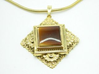 Jcpenney Faux Tigers Eye Glass Gold Tone Pendant Necklace Vintage 1960s