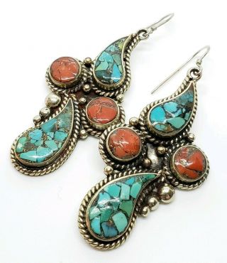 Old Pawn Vintage Sterling Silver Turquoise/coral Mosaic Native American Earrings