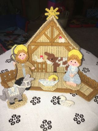 Vintage Handmade Christmas Nativity 6 Pc Completed Cross Stitch Plastic Canvas