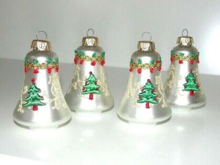 4 Vtg Christmas Ornaments White Bell Tree Krebs Glitter Lace W.  Germany 3 1/4 " H