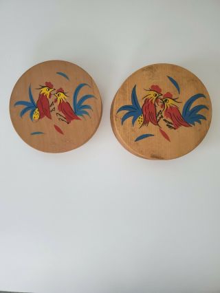Set Of 2 Vintage Wooden Rooster Hinged Hamburger Presses Hand Painted Japan