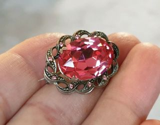 Stunning Vintage Art Deco Jewellery Pink Sapphire Crystal Silver Brooch Lace Pin