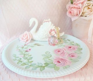 Bydas Green Tray W Pink Roses Hp Hand Painted Chic Shabby Vintage Cottage
