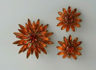 Vintage Jewelry Set Signed Judy Lee Brooch Earrings Orange Flower Rhinestone