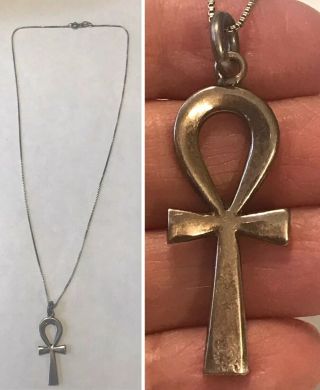 Vintage Egyptian Sterling Silver Ankh Pendant Charm Key Of Life On An 18” Chain