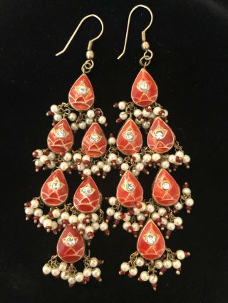 Vintage India Coral Enamel Rhinestone And Pearl Dangle Chandelier Earrings 4 "