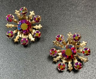 Vintage Clip On Earrings Gold Tone Snowflakes Red Ab Faceted Rhinestones
