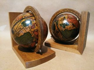 Vintage Globe Book Ends Bookend Made In Italy Old World Rotating Bookends Wooden