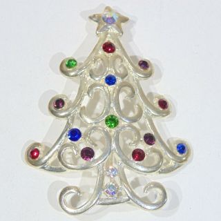 Signed Kenneth Cole Silver Tone Rhinestone Christmas Tree Pin Brooch,  Vintage