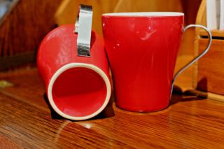 Set Of Two Red Vintage Ceramic Expresso Coffee Mugs With Metal Handles