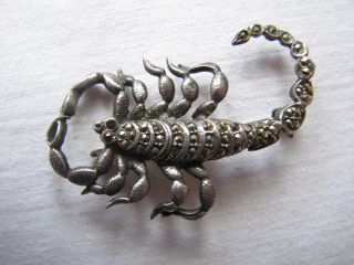 Vintage Silver Marcasite Scorpion Brooch Pin Garnet Eyes