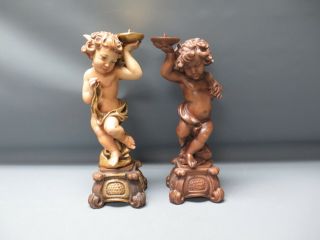 Set 2 Vintage Hand Carved Wood Angel Cherub Putto Candle Holders Figurines