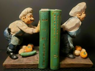 Vintage Porcelain Bookends Hand Painted Unique French Italian Chef Cookbook