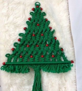 Vintage Handmade Macrame Christmas Tree With Red Beads Wall Hanging Boho Decor