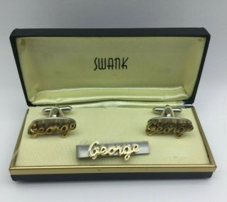 George Name Vintage Cufflinks Tie Clip Bar Set Swank Nos Box 1950s