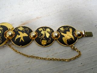 Vintage Damascene Etched Gold Plated Bird Flower Butterfly Design Bracelet 7.  5 "
