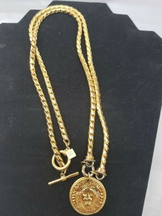 Vintage Anne Klein Heavy Gold Tone Large Link Chain Necklace W/ Lion Head 18 "