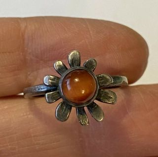 Vintage Sterling Silver Flower Ring With Deep Orange Cat’s Eye Cabochon Center